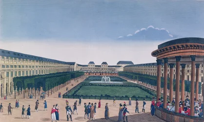 Uitzicht op de Tuinen van het Palais Royal, gezien vanuit de Rotonde, gegraveerd door Eugene Aubert, ca. 1820